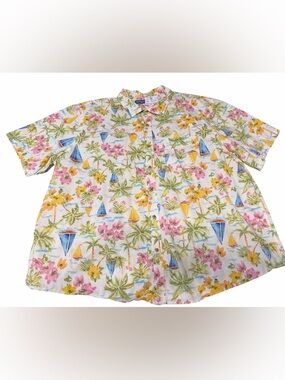 Old Navy Cream Tropical Floral & Sailboat Button-Up Shirt